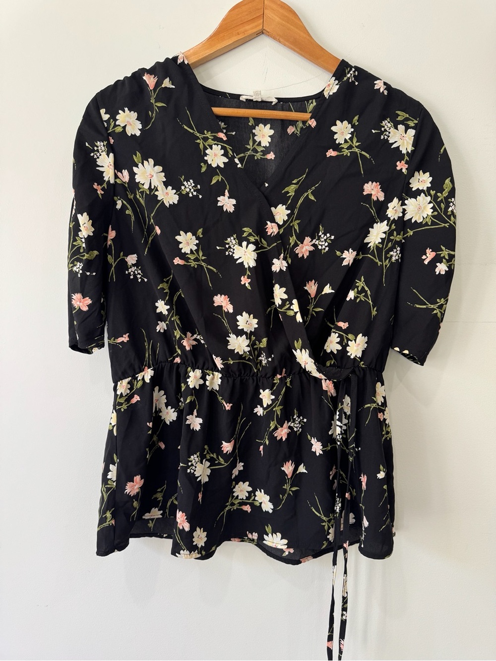 Pleione Black Floral Wrap Peplum Blouse with Pink and White Accents